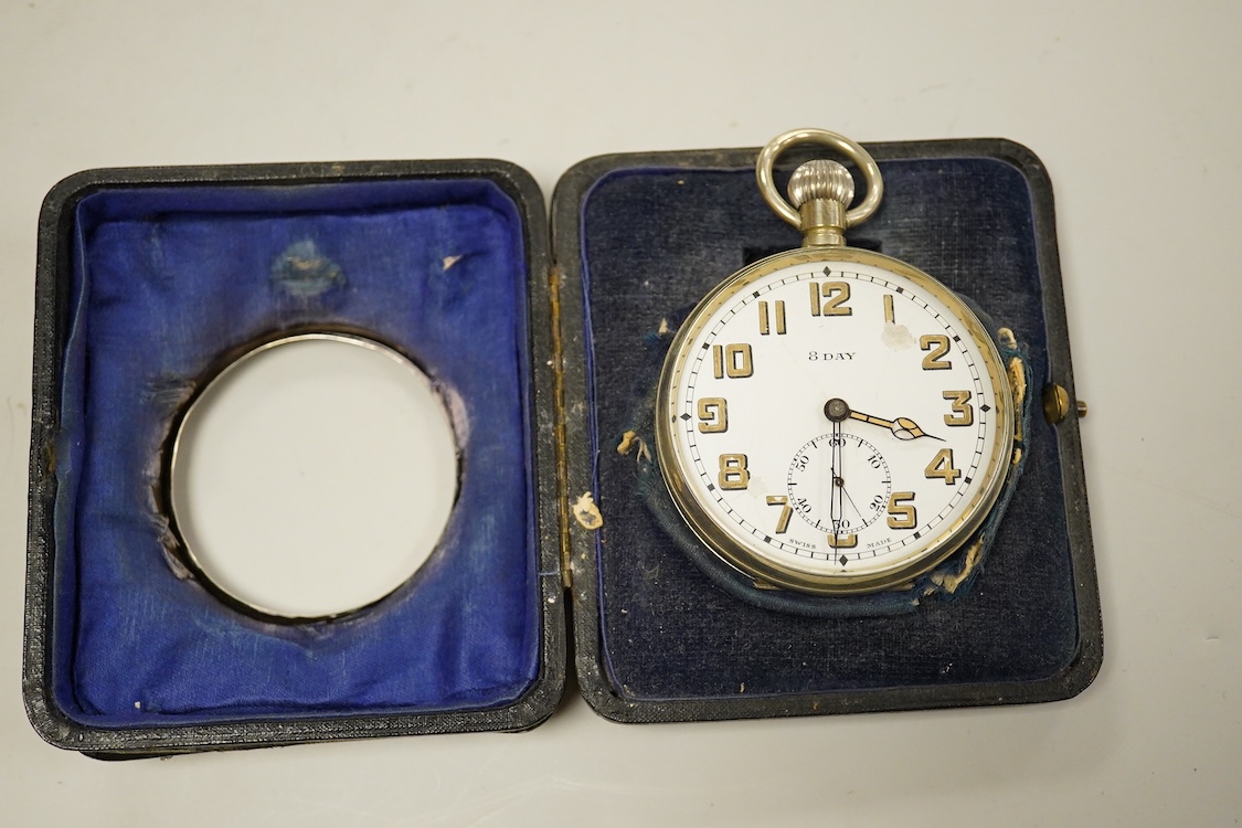 Two George V silver mounted travelling watch cases, both Birmingham, 1921, both containing chrome cased pocket watches. largest case 11.4cm.